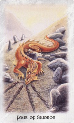 Celtic Dragon Tarot. Аркан Четверка Мечей.