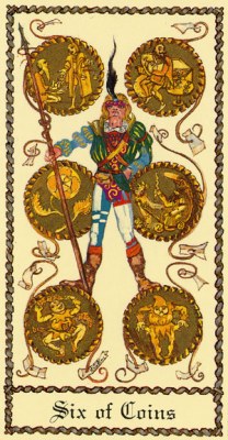 The Medieval Scapini Tarot. Аркан Шестерка Денариев.