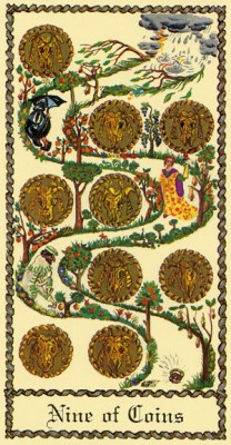 The Medieval Scapini Tarot. Аркан Девятка Денариев.