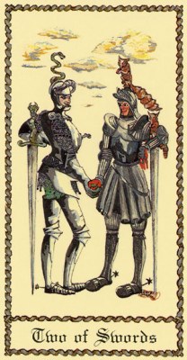 The Medieval Scapini Tarot. Аркан Двойка Мечей.