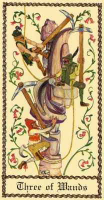 The Medieval Scapini Tarot. Аркан Тройка Жезлов.