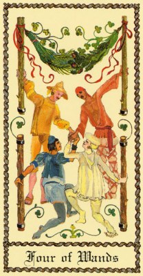 The Medieval Scapini Tarot. Аркан Четверка Жезлов.