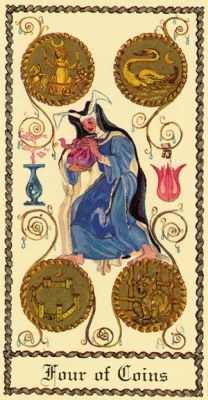 The Medieval Scapini Tarot. Аркан Четверка Денариев.