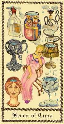 The Medieval Scapini Tarot. Аркан Семерка Кубков.